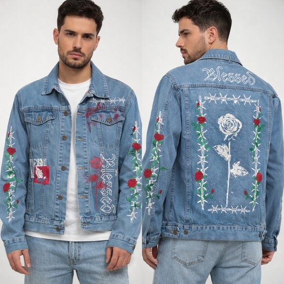 Brooklyn Cloth Other - Brooklyn Cloth "Blessed" Rose Barbed Wire Graphic Men's Denim Jacket - Size S